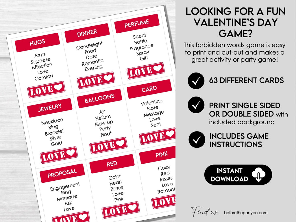 Valentine's Day Forbidden Word Game, Valentine's Day Taboo - Style Game, Printable Valentine's Day Party Games for Kids, Galentine's, Adults - Before The Party