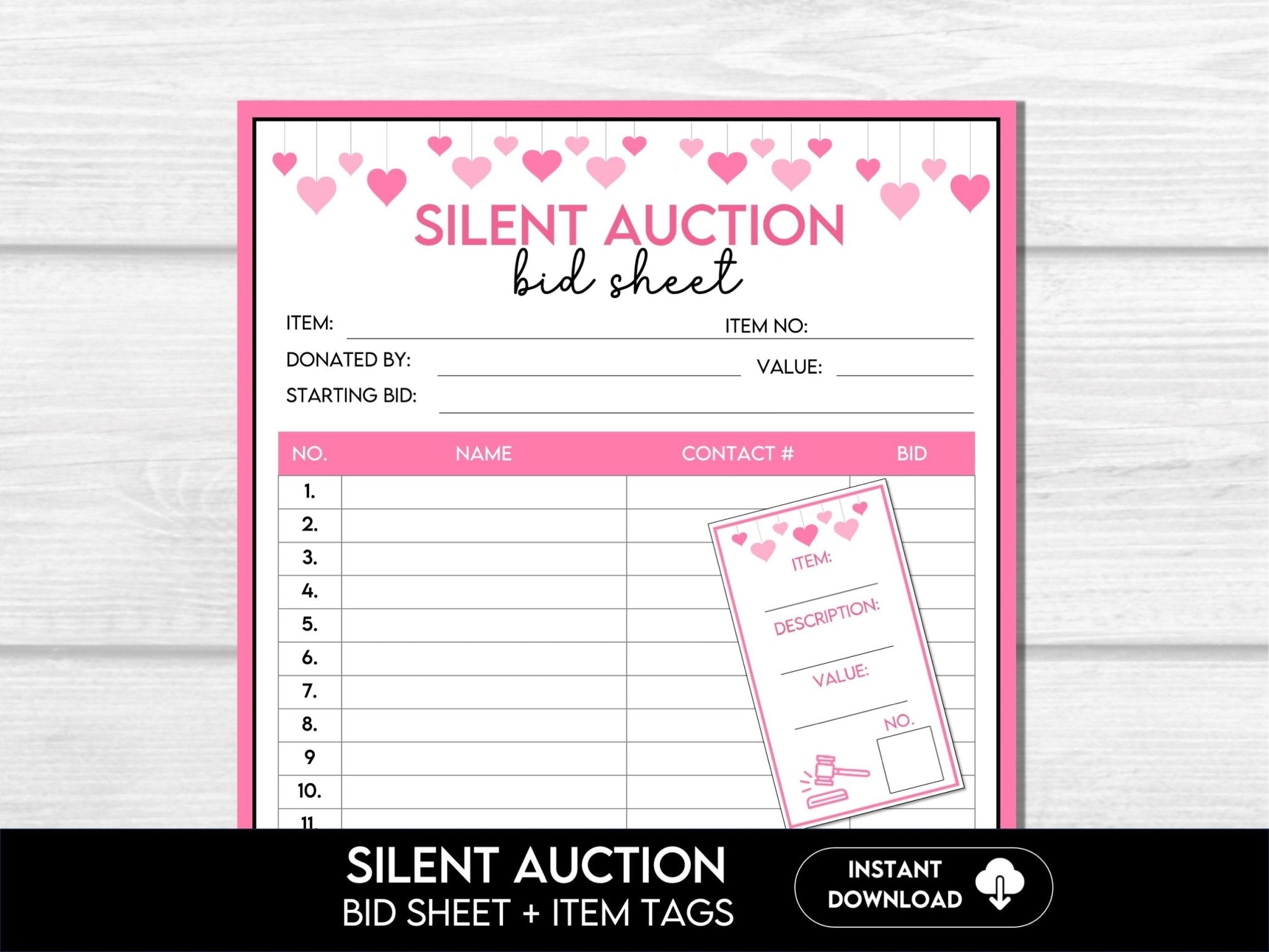 Valentine's Day Silent Auction Bid Sheet, Silent Auction Sign Up Sheet, Valentine's Day Fundraiser, Auction Bidding Form, Auction Item Tags - Before The Party