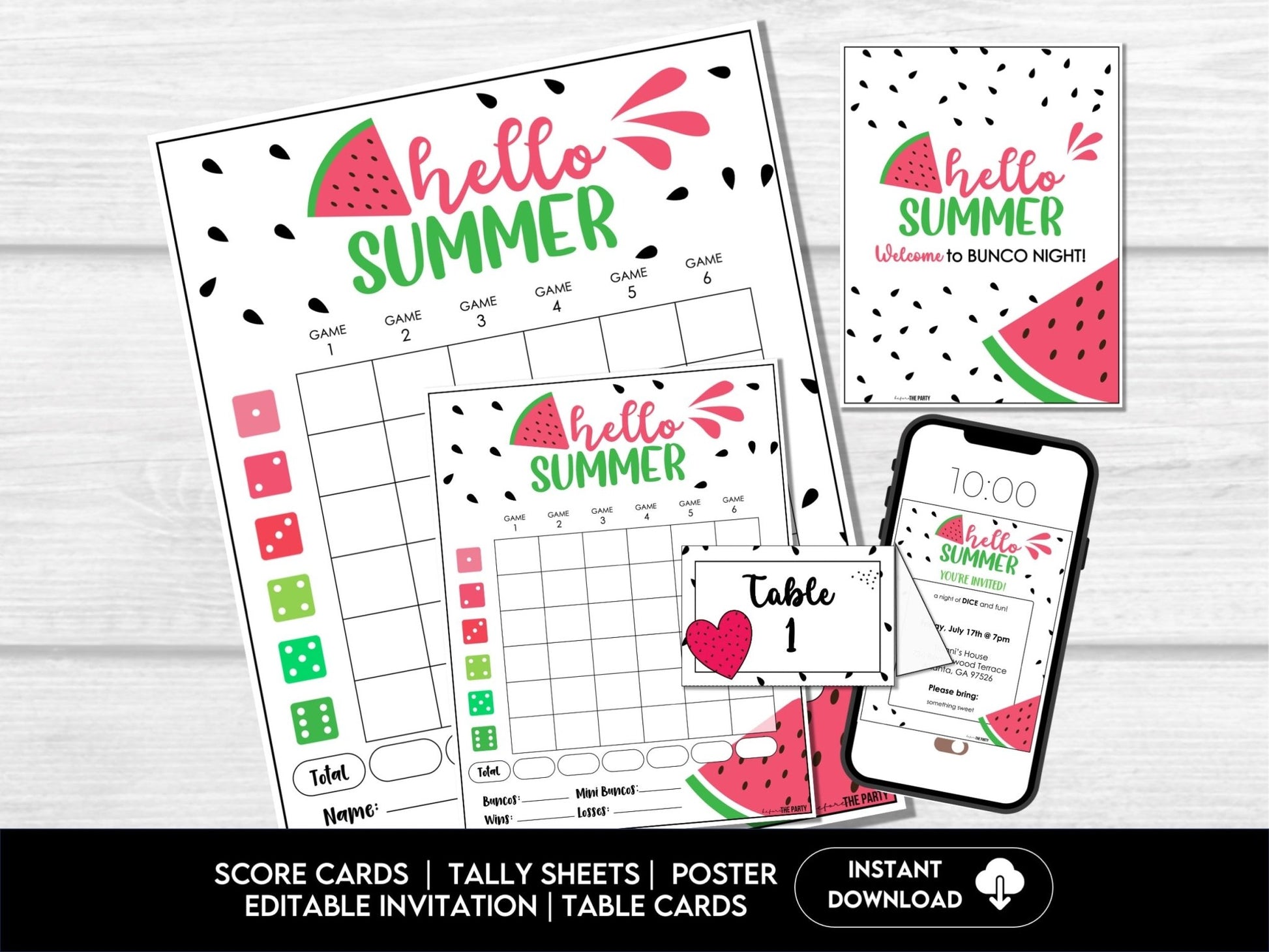 Watermelon Bunco Printable Game Set – Summer Score Cards, Invitations, Table Signs & Party Decor - Before The Party