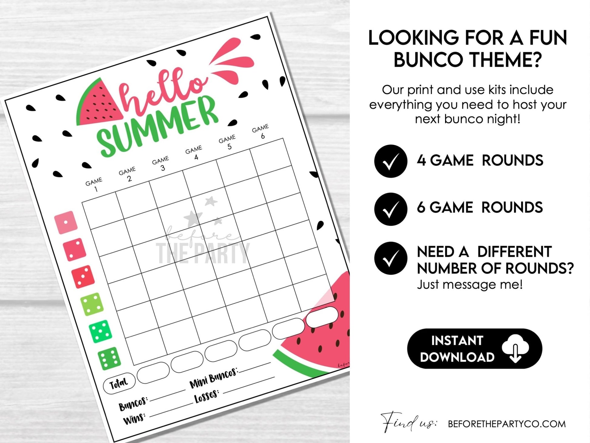 Watermelon Bunco Printable Game Set – Summer Score Cards, Invitations, Table Signs & Party Decor - Before The Party
