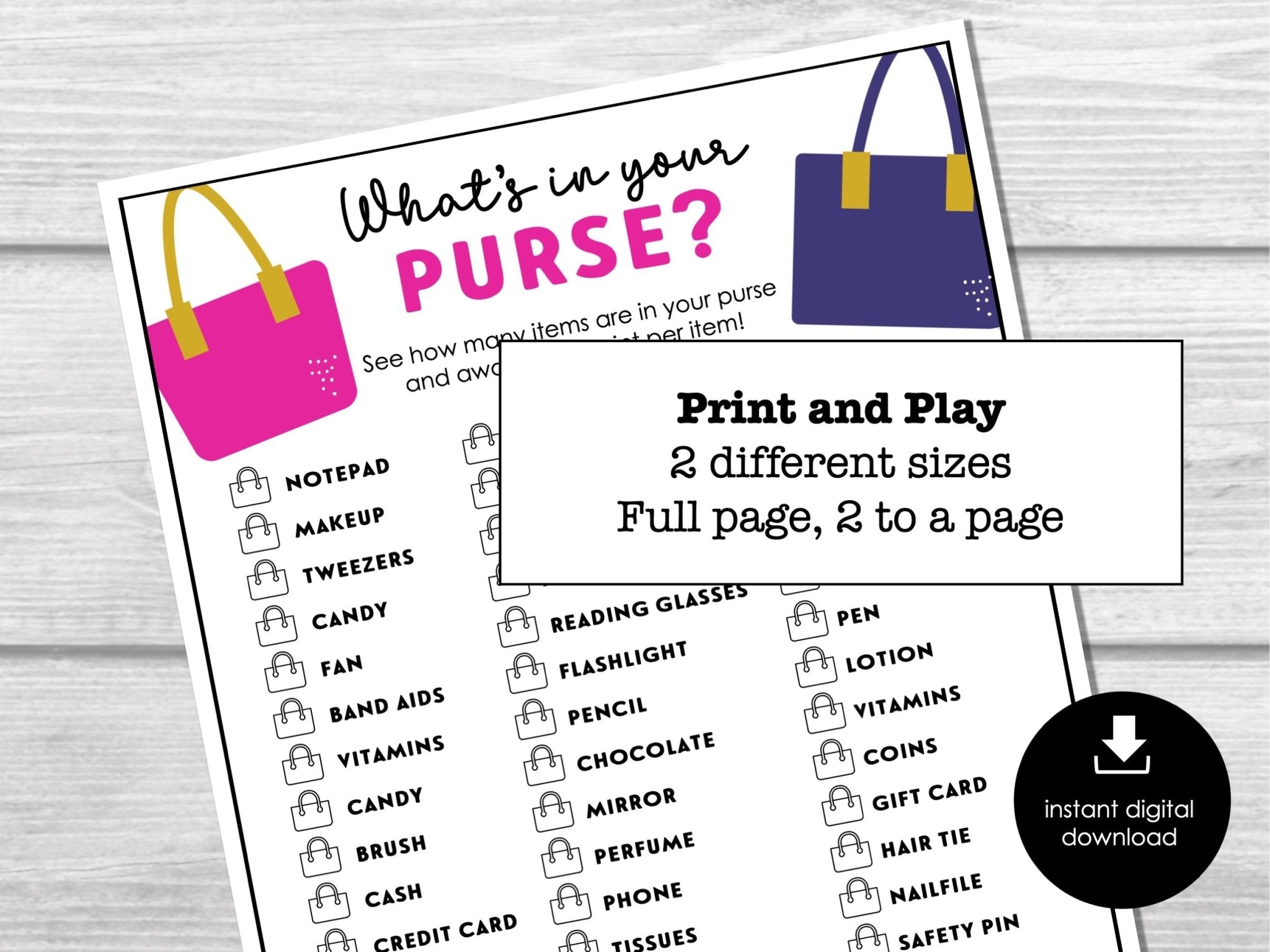 What's in your purse? Ladies night game, Girl's Night Out, Printable Bridal Shower Game,