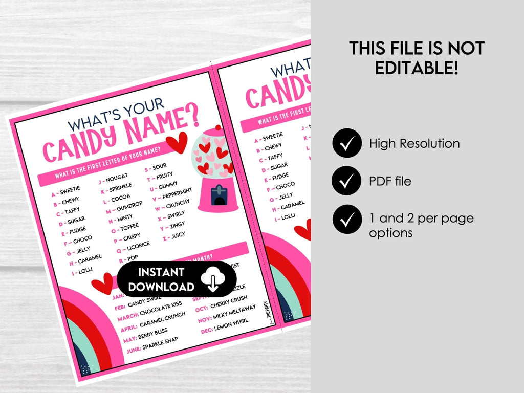 What's Your Candy Name Game, Fun Valentine's Day Printable Name Games, Printable Party Games for Kids, Icebreaker Party Game, Name Generator - Before The Party