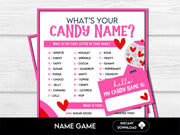 What's Your Candy Name Game, Fun Valentine's Day Printable Name Games, Printable Party Games for Kids, Icebreaker Party Game, Name Generator - Before The Party