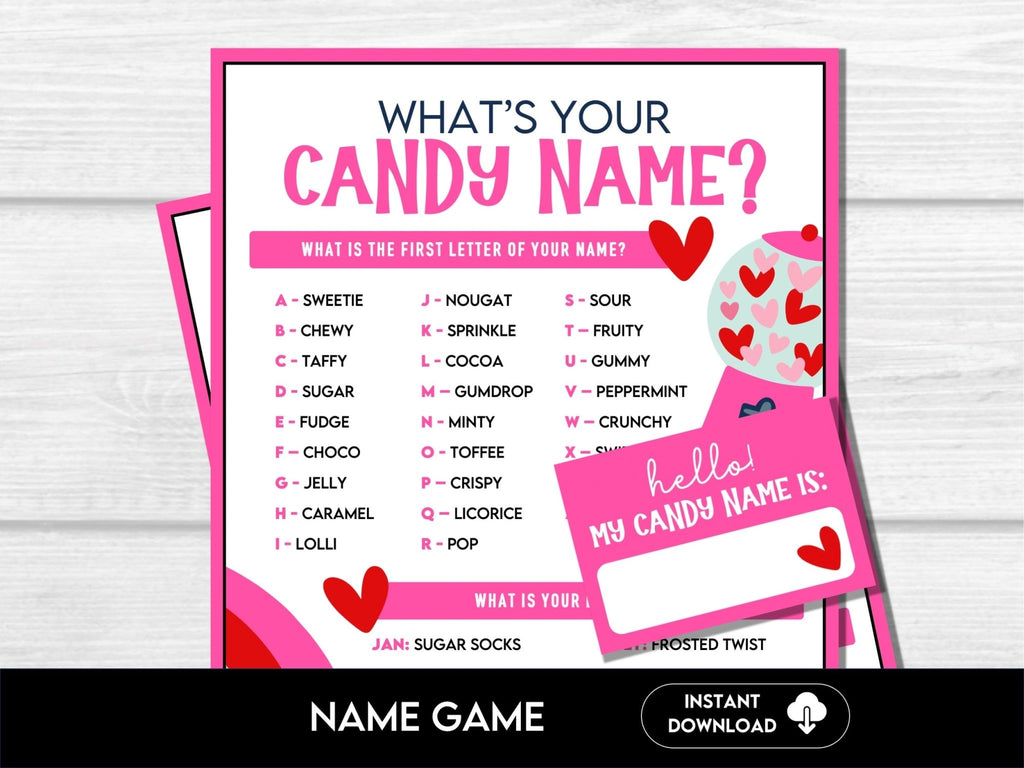 What's Your Candy Name Game, Fun Valentine's Day Printable Name Games, Printable Party Games for Kids, Icebreaker Party Game, Name Generator - Before The Party