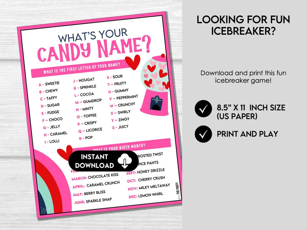 What's Your Candy Name Game, Fun Valentine's Day Printable Name Games, Printable Party Games for Kids, Icebreaker Party Game, Name Generator - Before The Party