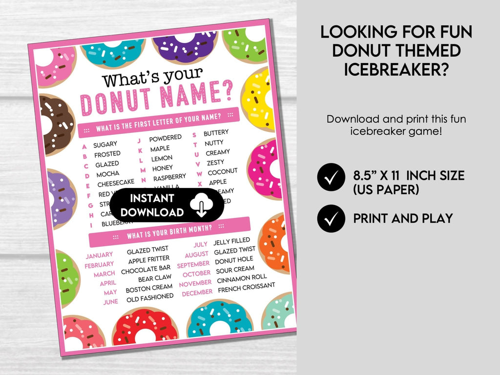What's Your Donut Name Game Printable, Donut Name Generator, Donut Party Sign and Name Tags, Donut Party, Birthday, Baby Shower, Work Event - Before The Party