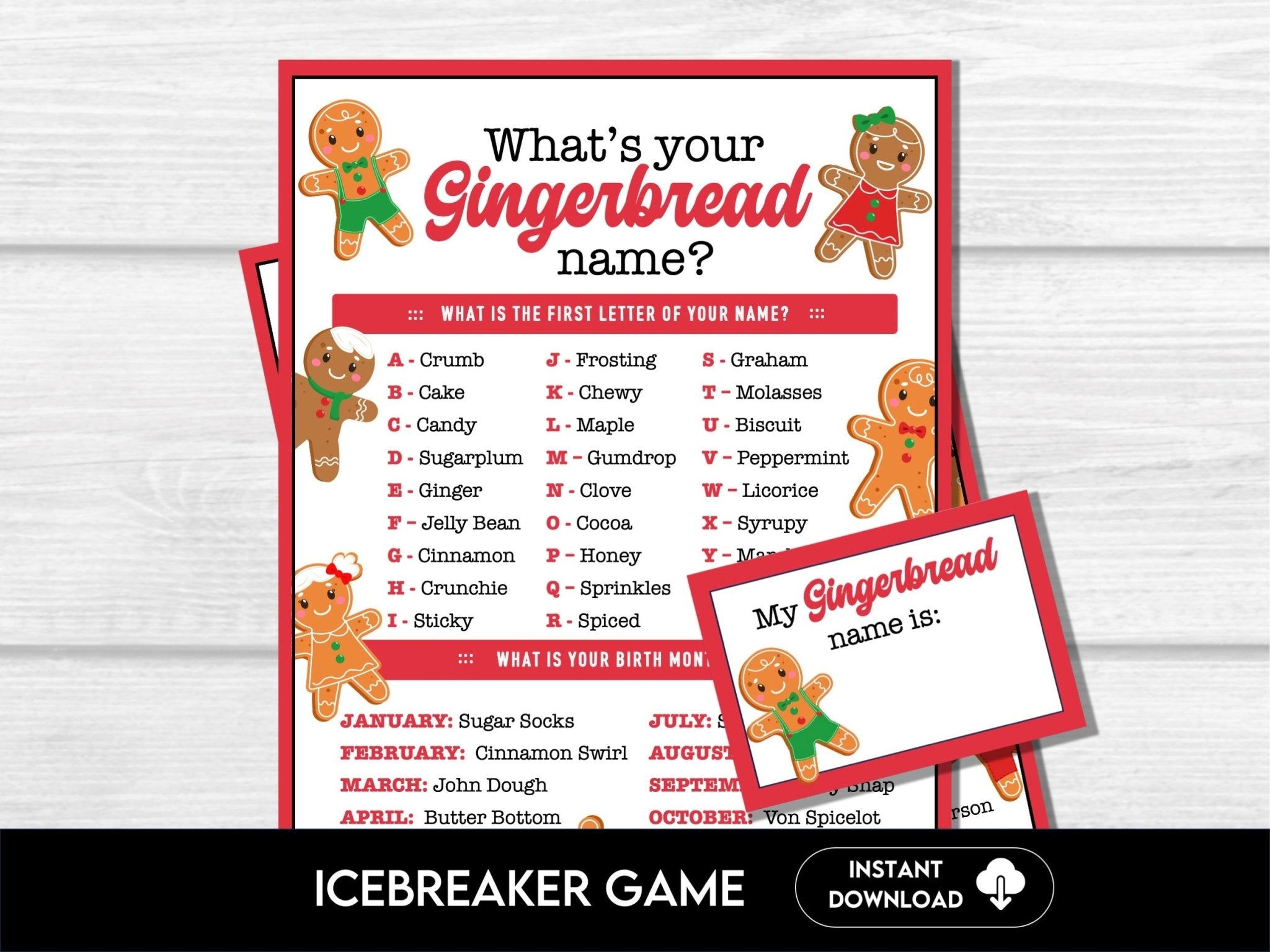 What's your Gingerbread Name Game, Christmas Party Game, Christmas Cookie Party Game, What is your Name Printable, Holiday Party Ice Breaker - Before The Party