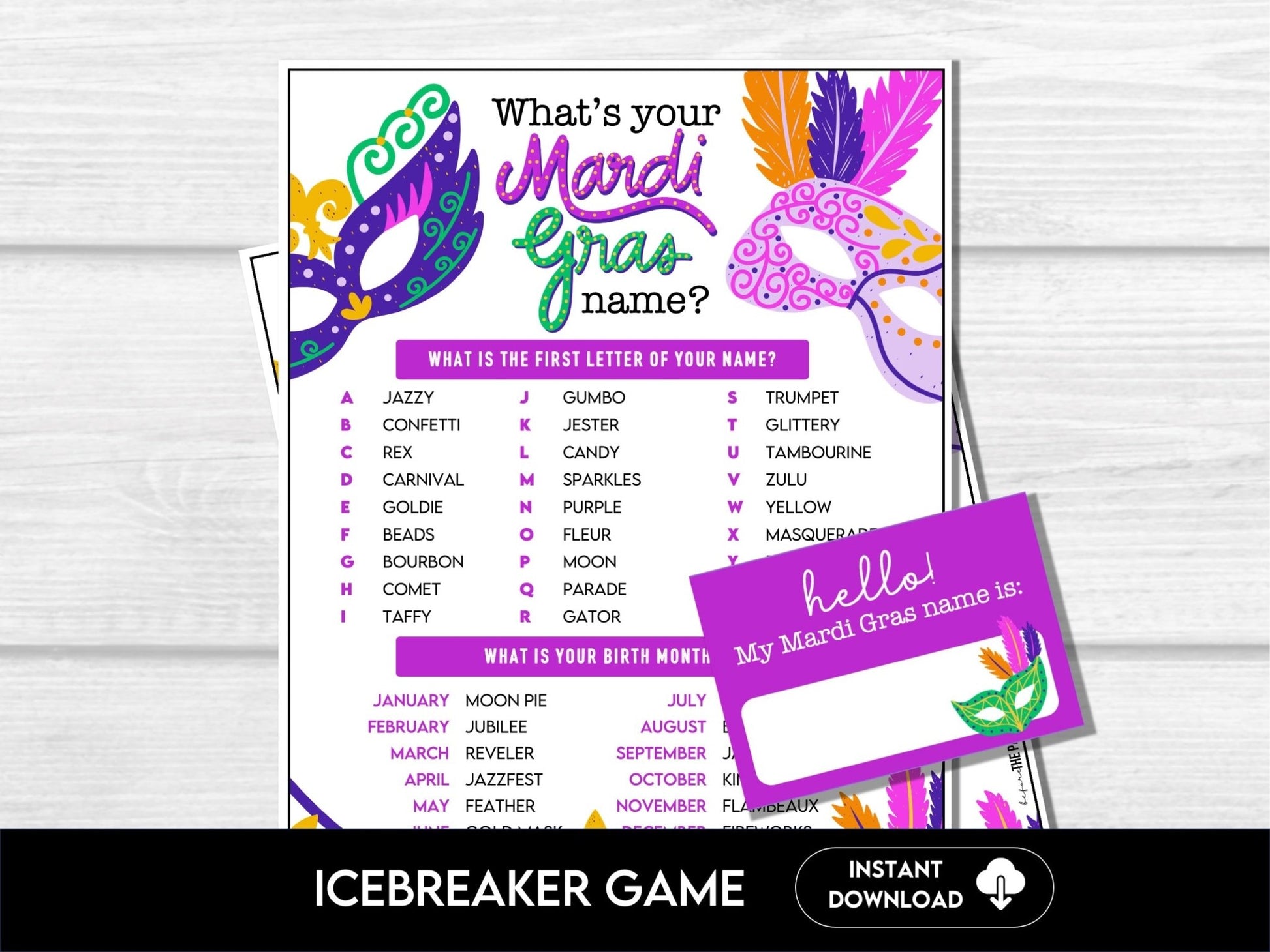 What's your Mardi Gras Name Game, Party Game, Mardi Gras Celebration Game, What is your Name Printable, Party Ice Breaker for Kids & Adults - Before The Party