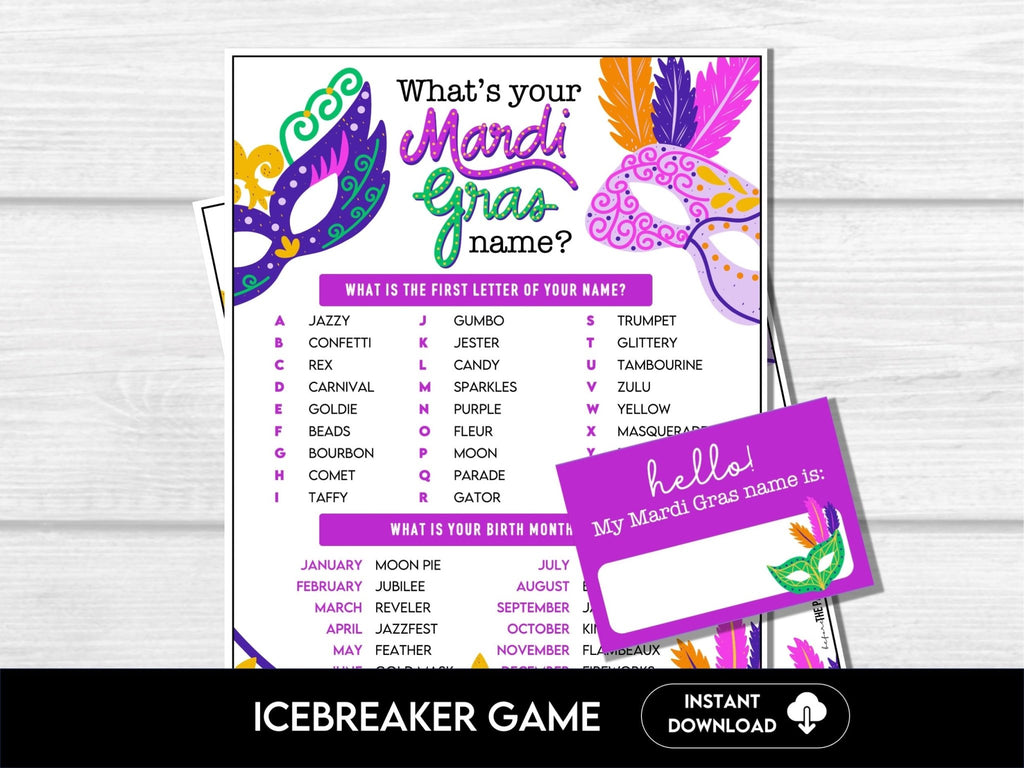 What's your Mardi Gras Name Game, Party Game, Mardi Gras Celebration Game, What is your Name Printable, Party Ice Breaker for Kids & Adults - Before The Party