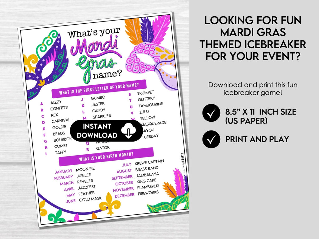 What's your Mardi Gras Name Game, Party Game, Mardi Gras Celebration Game, What is your Name Printable, Party Ice Breaker for Kids & Adults - Before The Party