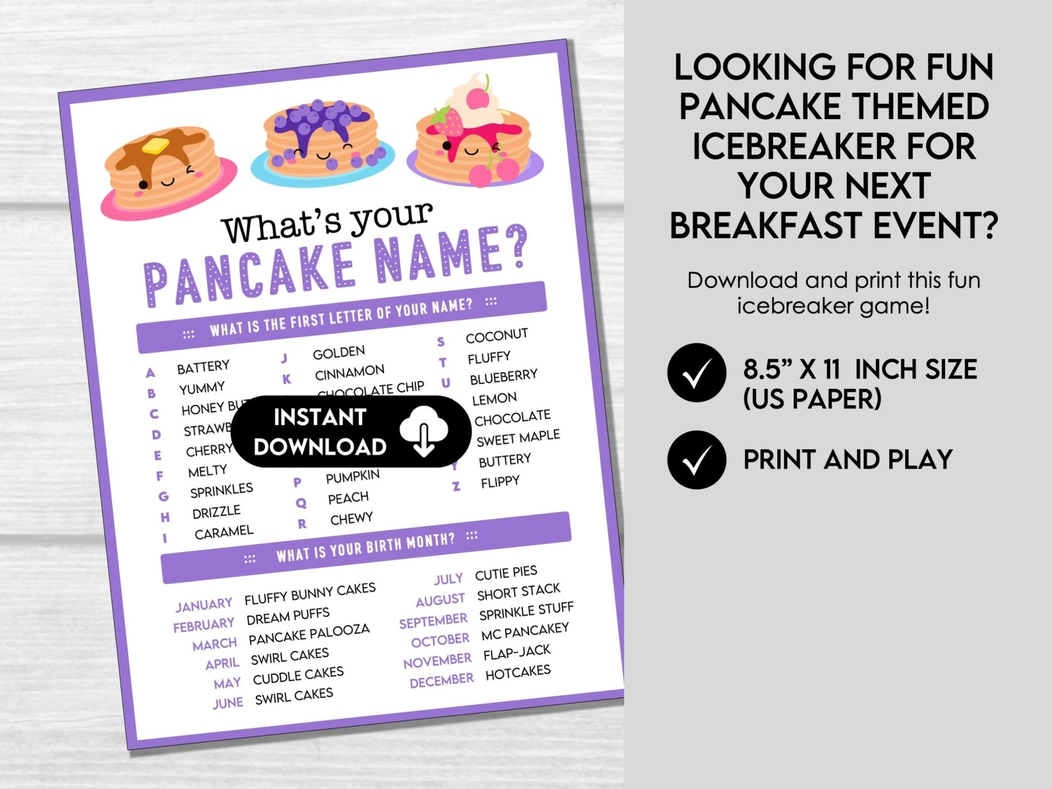 What's Your Pancake Name Party Game & Nametags, Pancake Breakfast Brunch Fundraiser, Name Generator Game, Breakfast Event Icebreaker - Before The Party