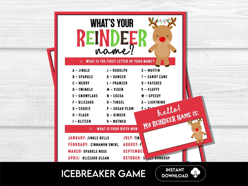 Whats Your Reindeer Name Game, Funny Christmas Printable Name Games, Christmas Party Games, Holiday Party Game, Games for Adults & Kids - Before The Party