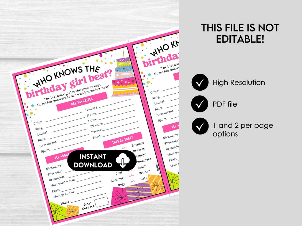 Who Knows The Birthday Girl Best, Printable Birthday Girl Trivia Game, Birthday Party Game for Girls, How Well Do You Know The Birthday Girl - Before The Party