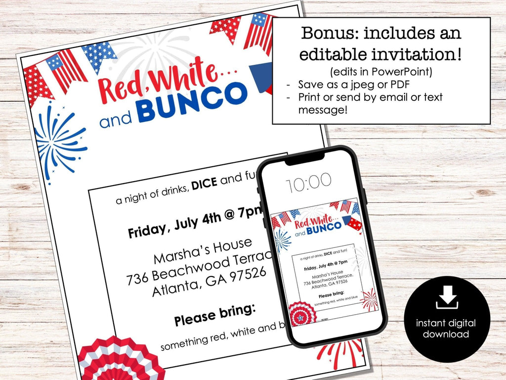 4th of July Bunco Score Cards, July Fourth Party Bunco Invitation, July Bunco Night, Bunco Game Party Printable, Red, White and Bunco Game - Before The Party