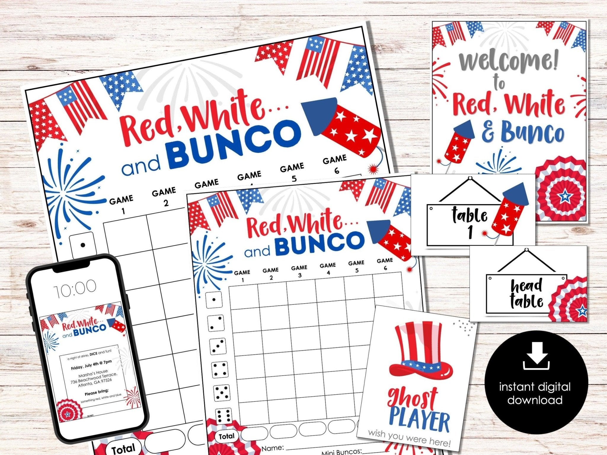 4th of July Bunco Score Cards, July Fourth Party Bunco Invitation, July Bunco Night, Bunco Game Party Printable, Red, White and Bunco Game - Before The Party