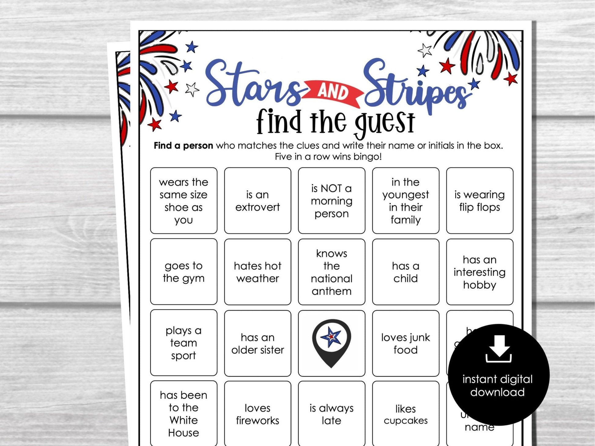 4th of July Find the Guest Bingo, Fun Ice breaker Game, BBQ Party Game, Picnic Mingle Activity
