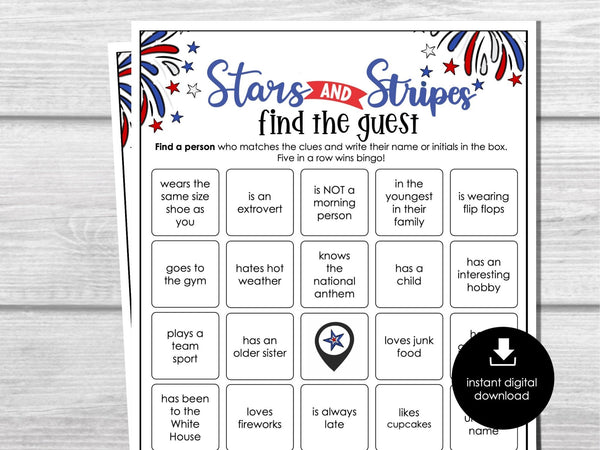4th of July Find the Guest Bingo, Printable Party Game, Game for Adults & Kids, Fun Ice breaker Game, BBQ Party Game, Picnic Mingle Activity - Before The Party