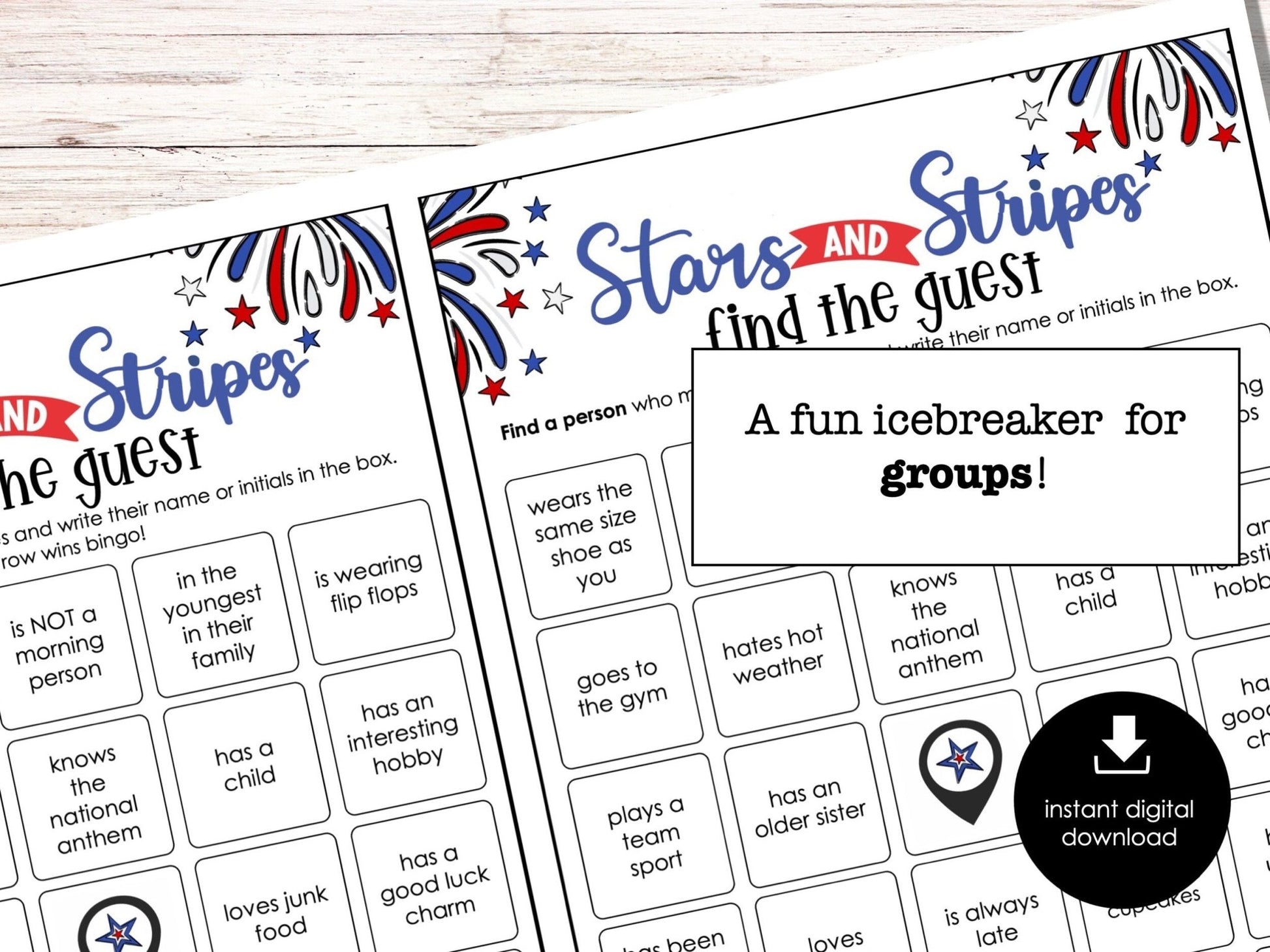 4th of July Find the Guest Bingo, Fun Ice breaker Game, BBQ Party Game, Picnic Mingle Activity