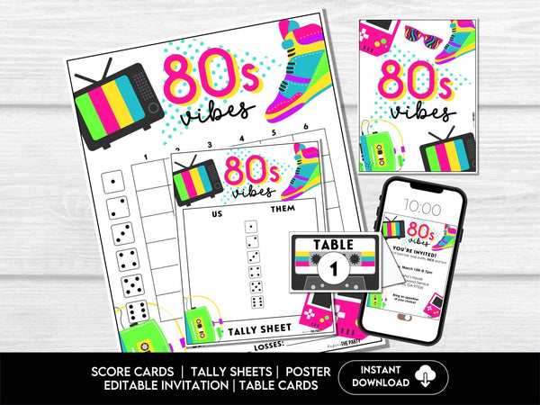 80's Revival Bunco Score Cards, 1980's Theme Bunco Party, Fun Bunco Theme - Before The Party