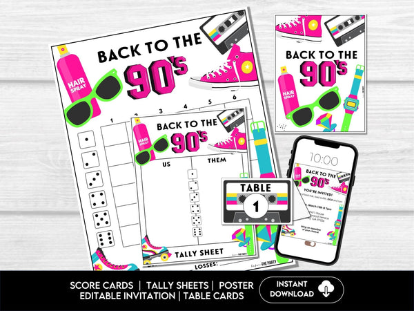 Back to the 90's Bunco Score Cards, 1990's Theme Bunco Party, Fun Bunco Theme, Score Cards & Tally Sheets - Before The Party