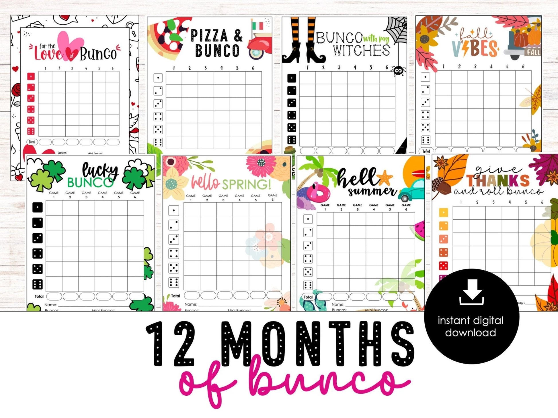 BUNCO game score cards BUNDLE | 12 monthly Bunco Party Kit |Score sheets | Tally sheet | Table Cards | Editable Invitations | Welcome Poster - Before The Party