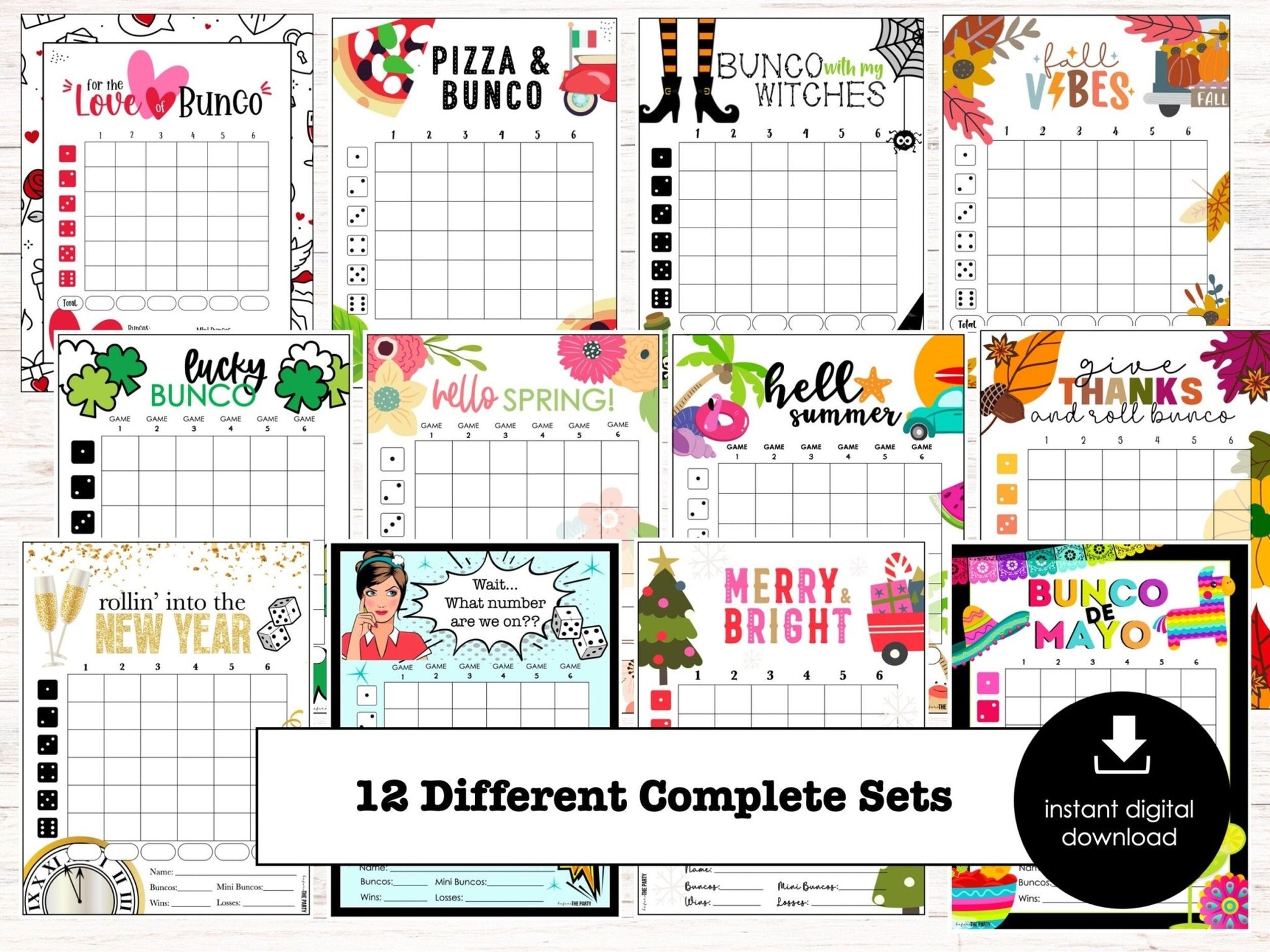 BUNCO game score cards BUNDLE | 12 monthly Bunco Party Kit |Score sheets | Tally sheet | Table Cards | Editable Invitations | Welcome Poster - Before The Party