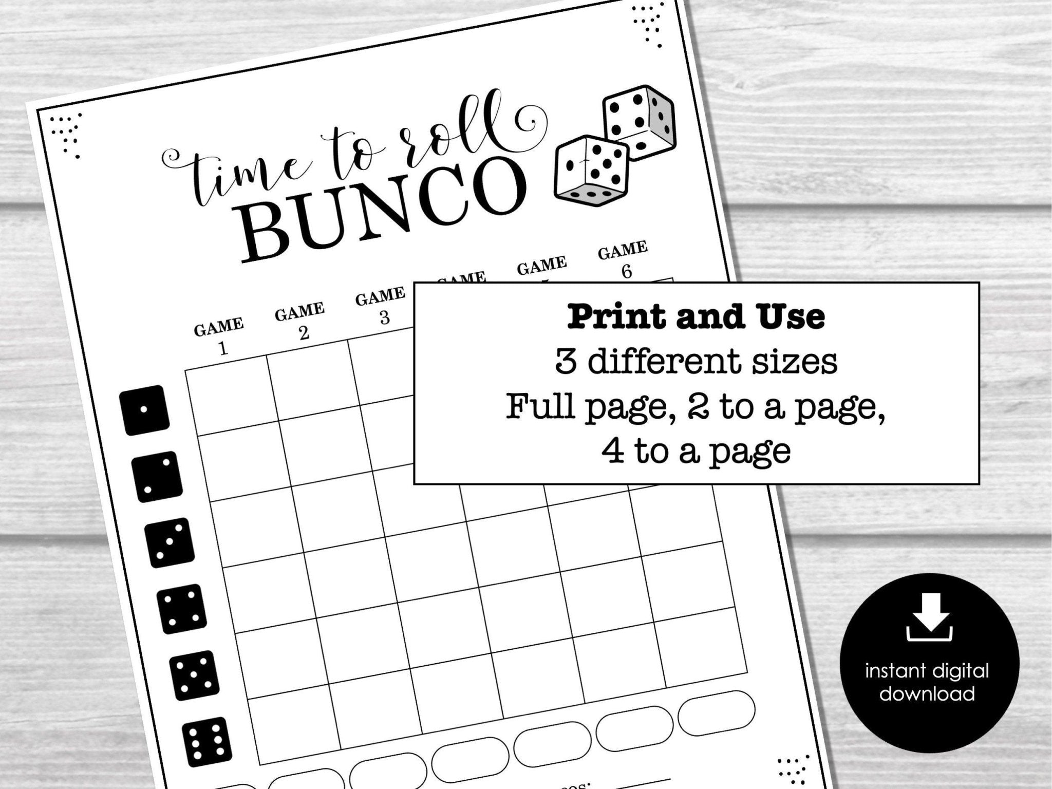 Bunco Score Sheets, Bunco Party Printables, Black & White Bunco Invitation, Bunco Night Printable