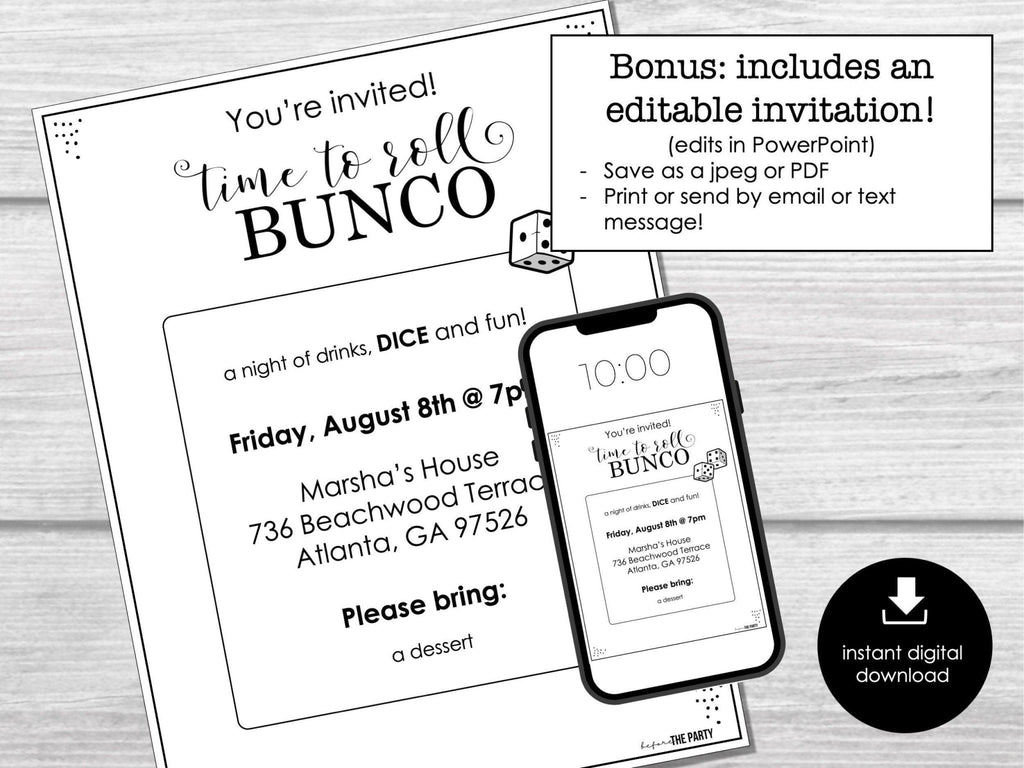 Bunco Score Sheets, Bunco Party Printables, Black & White Bunco Invitation, Bunco Night Printable, Bunco Game Night, No theme BUNCO - Before The Party