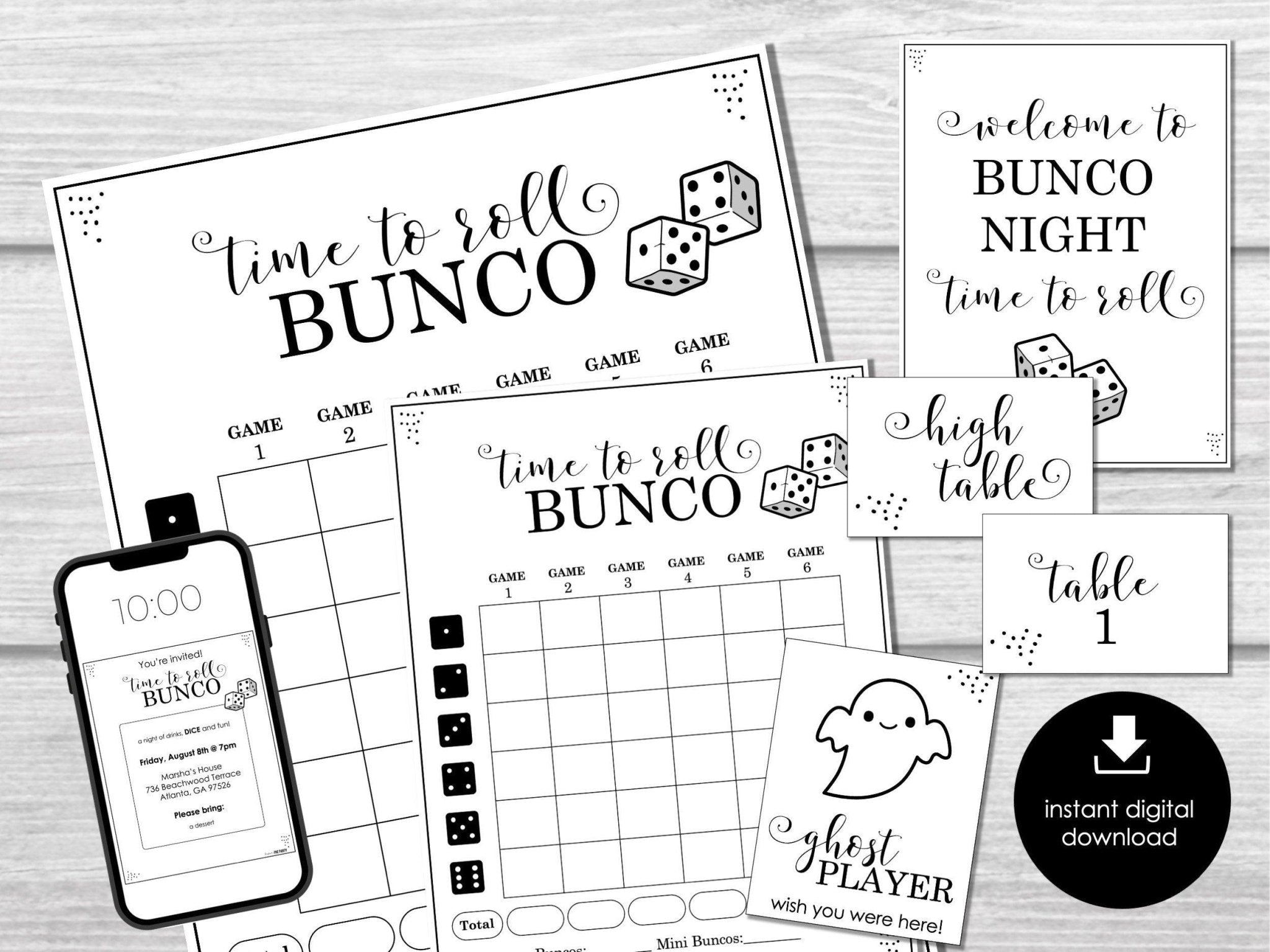 Bunco Score Sheets, Bunco Party Printables, Black & White Bunco Invitation, Bunco Night Printable