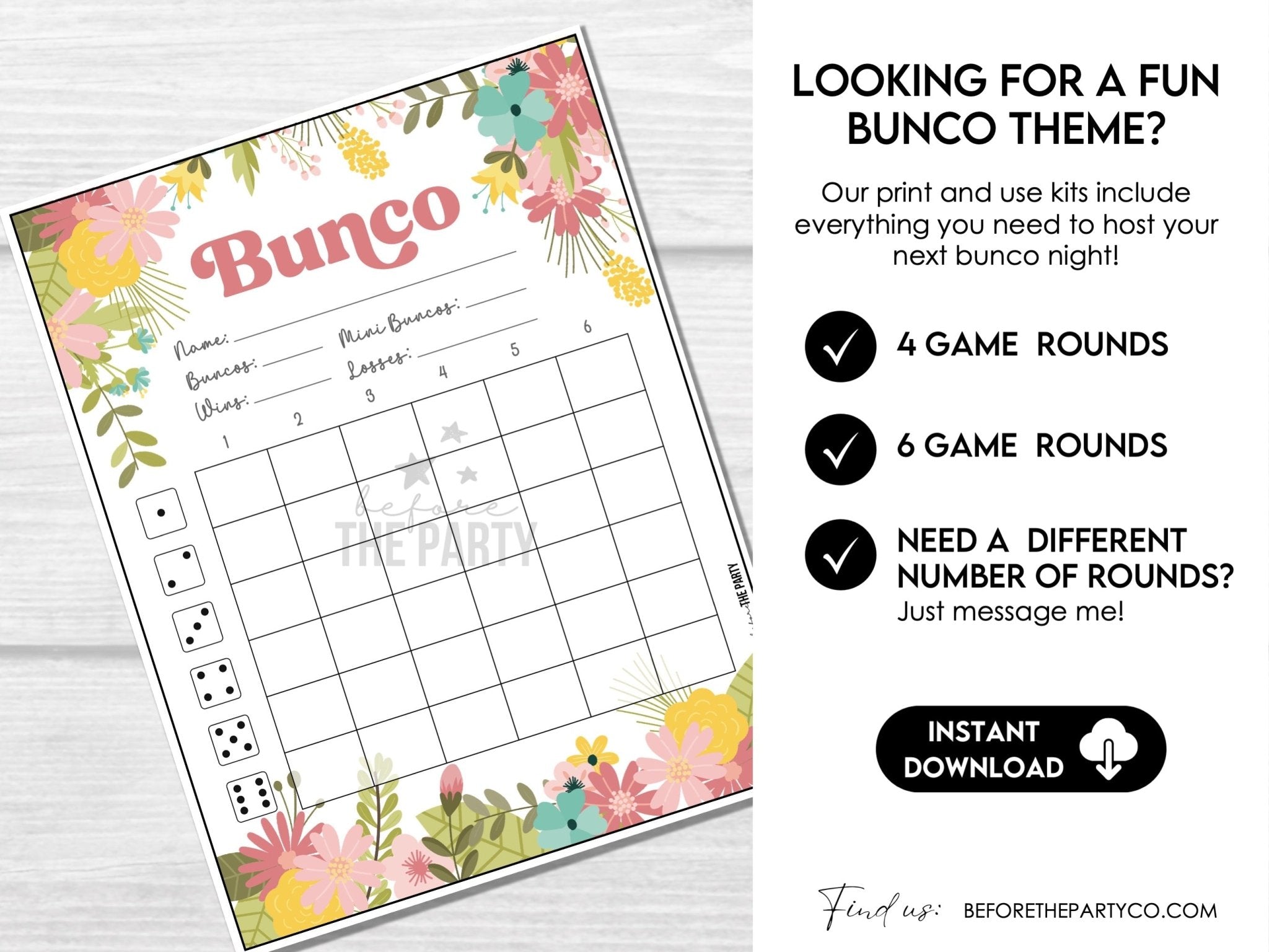 Bunco Score Sheets with Spring Flowers, Tally Cards, Table Markers, Invitation, Bunco Night Game Cards, Digital Download - Floral Theme - Before The Party