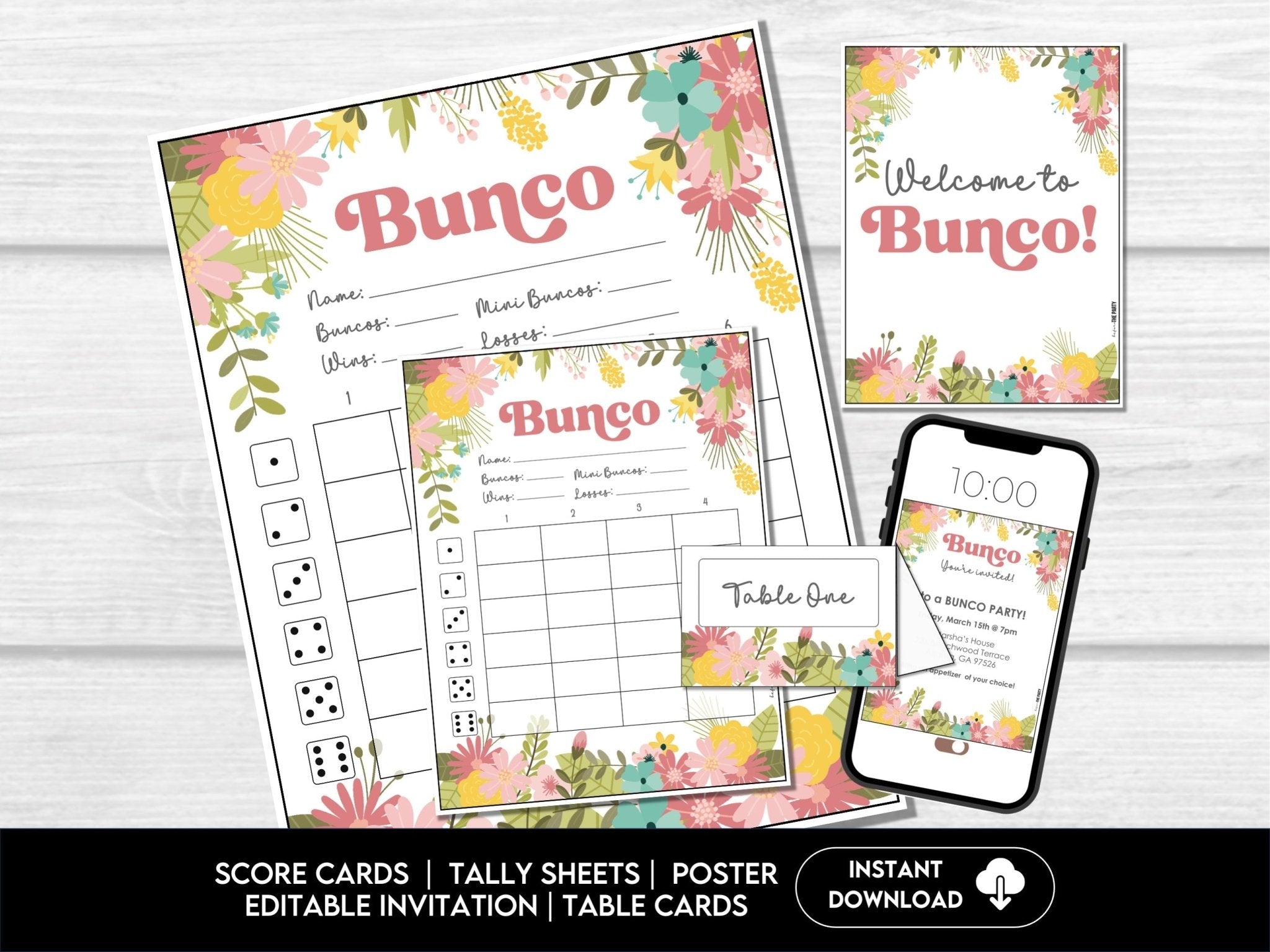 Bunco Score Sheets with Spring Flowers, Tally Cards, Table Markers, Invitation, Bunco Night Game Cards, Digital Download - Floral Theme - Before The Party