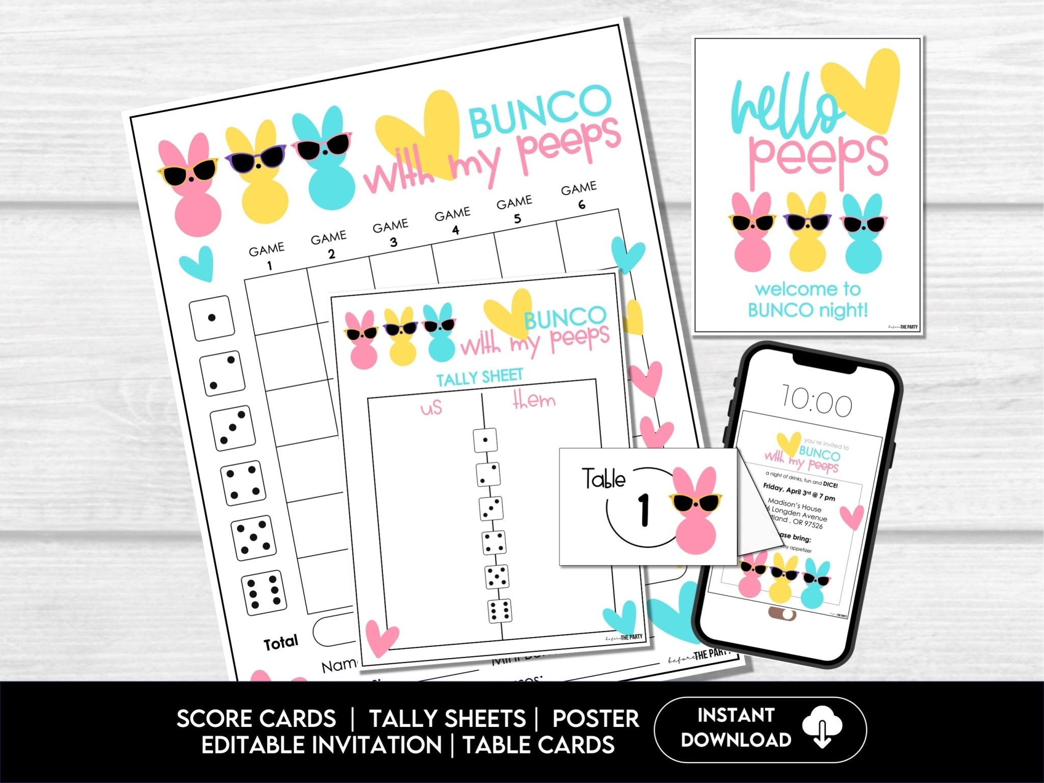 Bunco with My PEEPS - Easter Bunco Score Sheets - Spring Bunco Table Cards - Before The Party