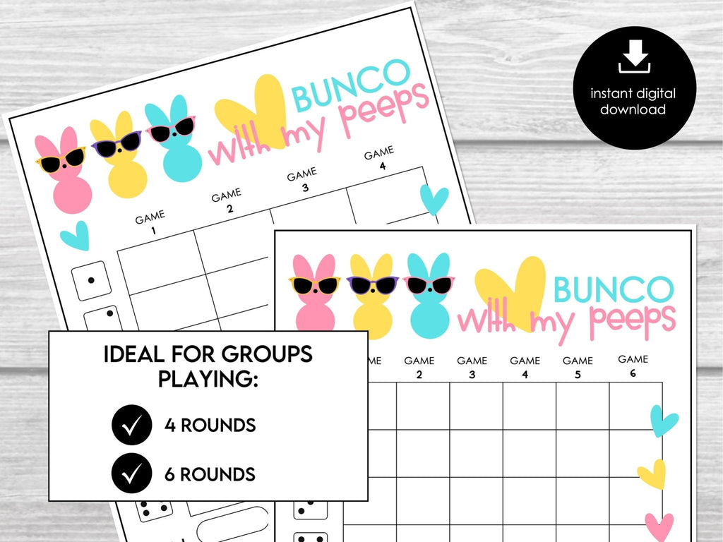 Bunco with my Peeps Score Sheet Bundle, Fun Scorecards, Tally Sheets April Bunco Night, Bunco Tally Sheet, includes 4 and 6 game rounds - Before The Party