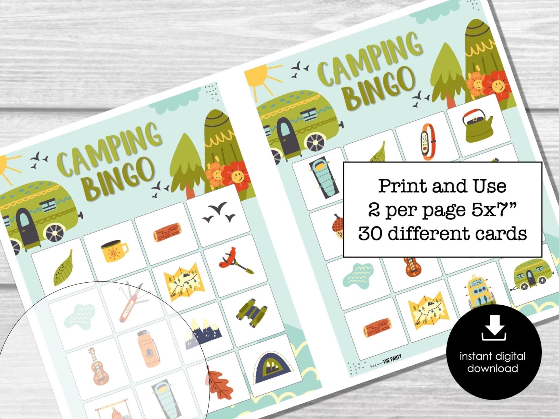 Camping Bingo Game, Party Game for Kids, Classroom Bingo Game, Scout Bingo Game, Camp Theme Printable Bingo Cards for Kids, Sleepover Party - Before The Party
