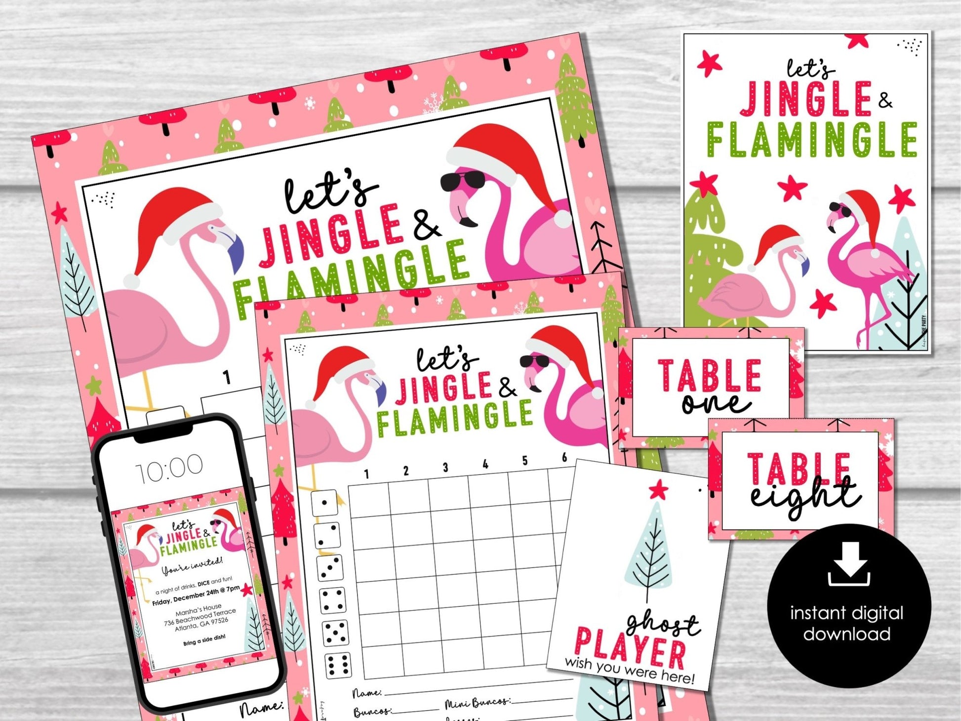 Flamingo Christmas Bunco Score Sheets, Flamingle December Bunco Cards