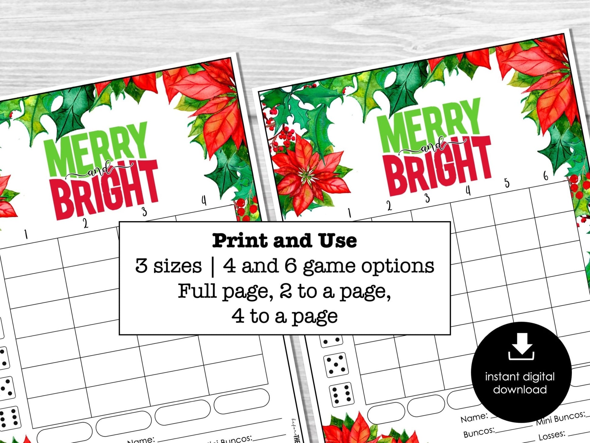 Christmas Floral Bunco Score Sheets, December Bunco Game, Christmas Bunco Invitation - Before The Party