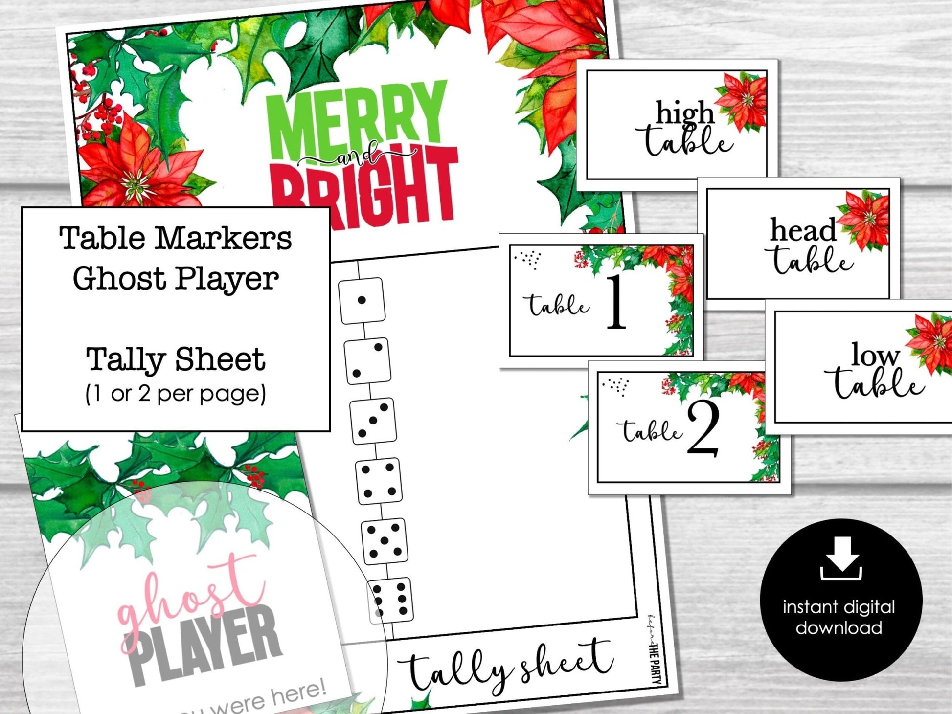 Christmas Floral Bunco Score Sheets, December Bunco Game, Christmas Bunco Invitation, Flowers Bunco Party Kit, Bunco Printables, Xmas Bunco - Before The Party
