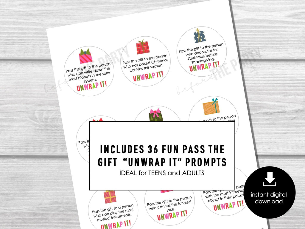 Christmas Pass The Gift, Group Unwrapping Game Stickers, Pass the Parcel Prompts, Unwrap the Gift Game, Pass the Prize, Holiday Party Game - Before The Party