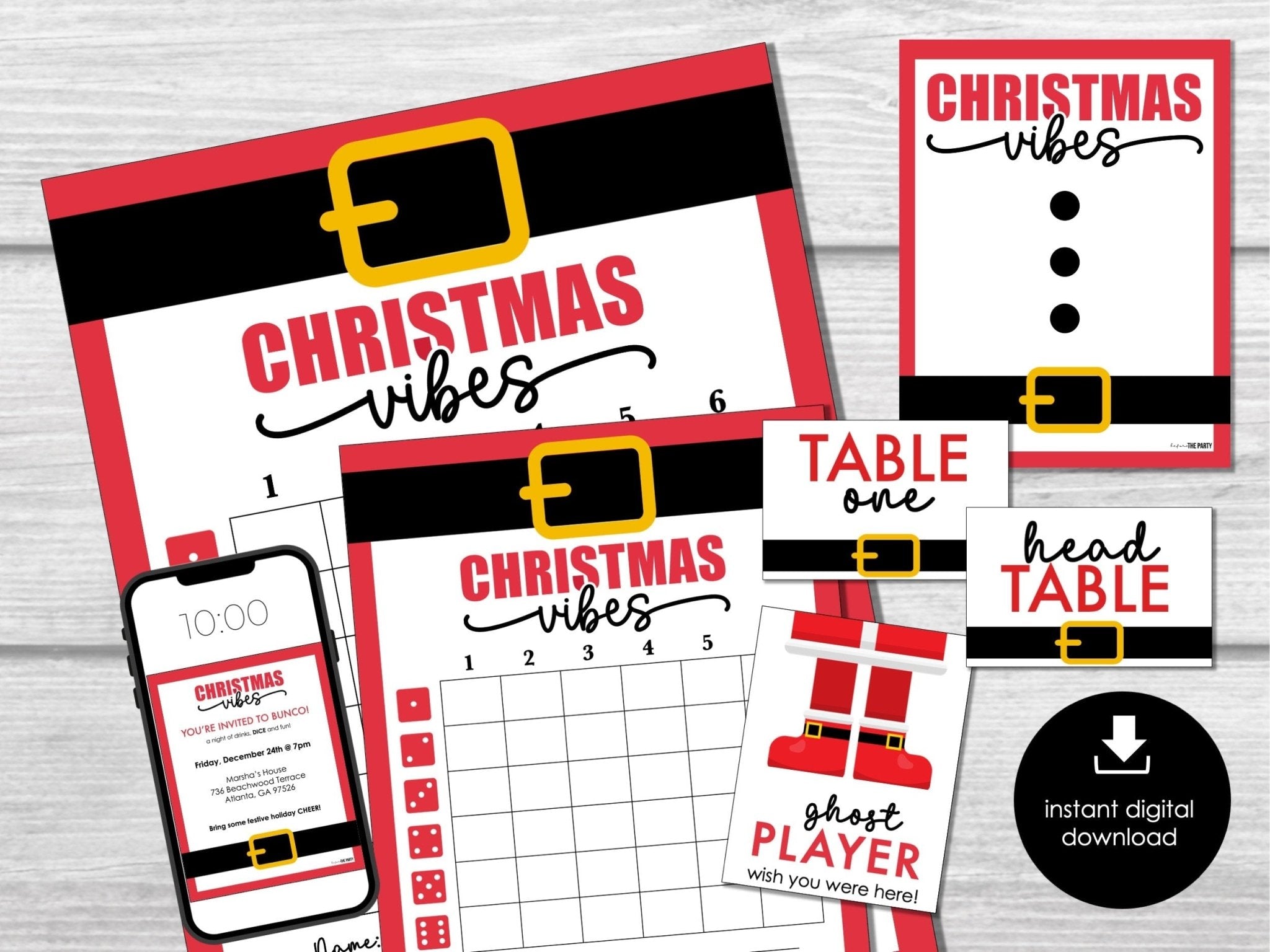 Santa Christmas Printable Bunco Set, Bunco Tally Sheets, Bunco Score Sheets with Table Cards