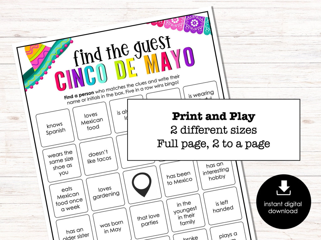 Cinco De Mayo Find the Guest Bingo, Printable Party Game, Printable Game for Adults & Kids, Fun Ice breaker Game, Office Party Game, Mingle - Before The Party