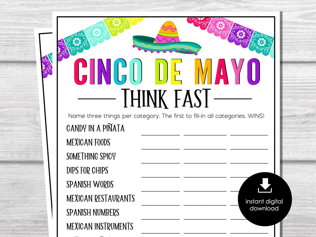 Cinco de Mayo THINK FAST Game, Word Game for Parties, Mexican Fiesta Party Games, Fun Cinco de Mayo Games, Party Games for Kids and Adults - Before The Party