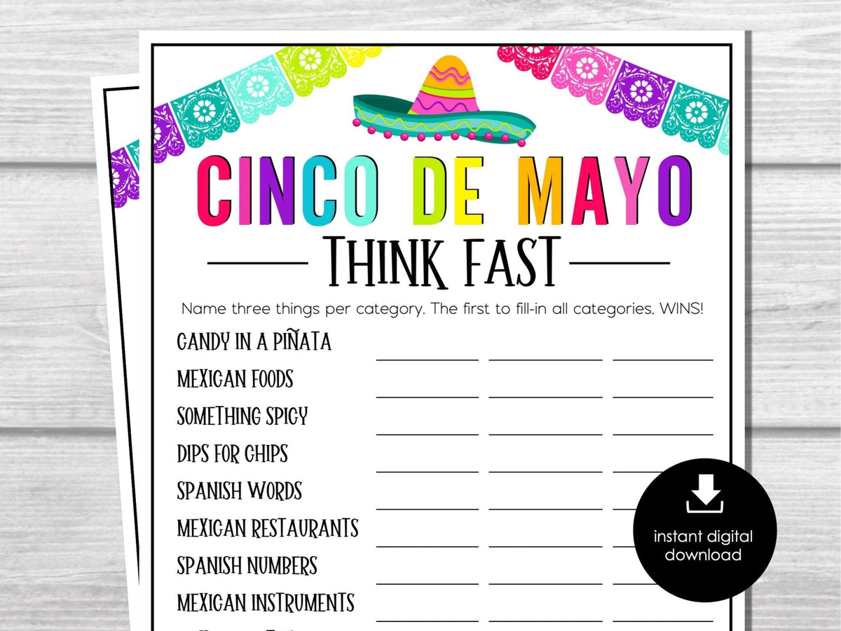 Cinco de Mayo THINK FAST Game Word Game for Parties Mexican Fiesta Party Games Fun Cinco de Mayo Games Party Games for Kids and Adults