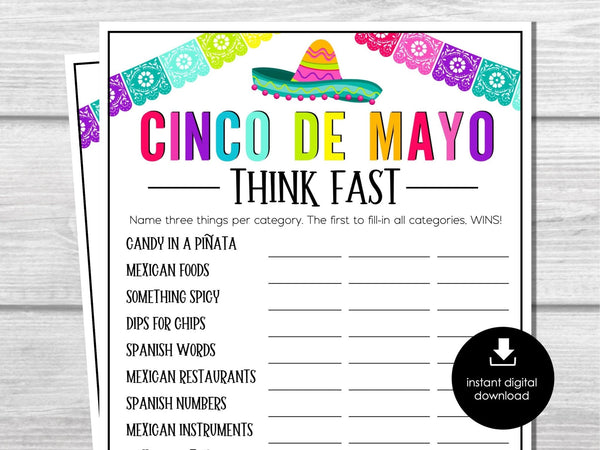 Cinco de Mayo THINK FAST Game, Word Game for Parties, Mexican Fiesta Party Games, Fun Cinco de Mayo Games, Party Games for Kids and Adults - Before The Party