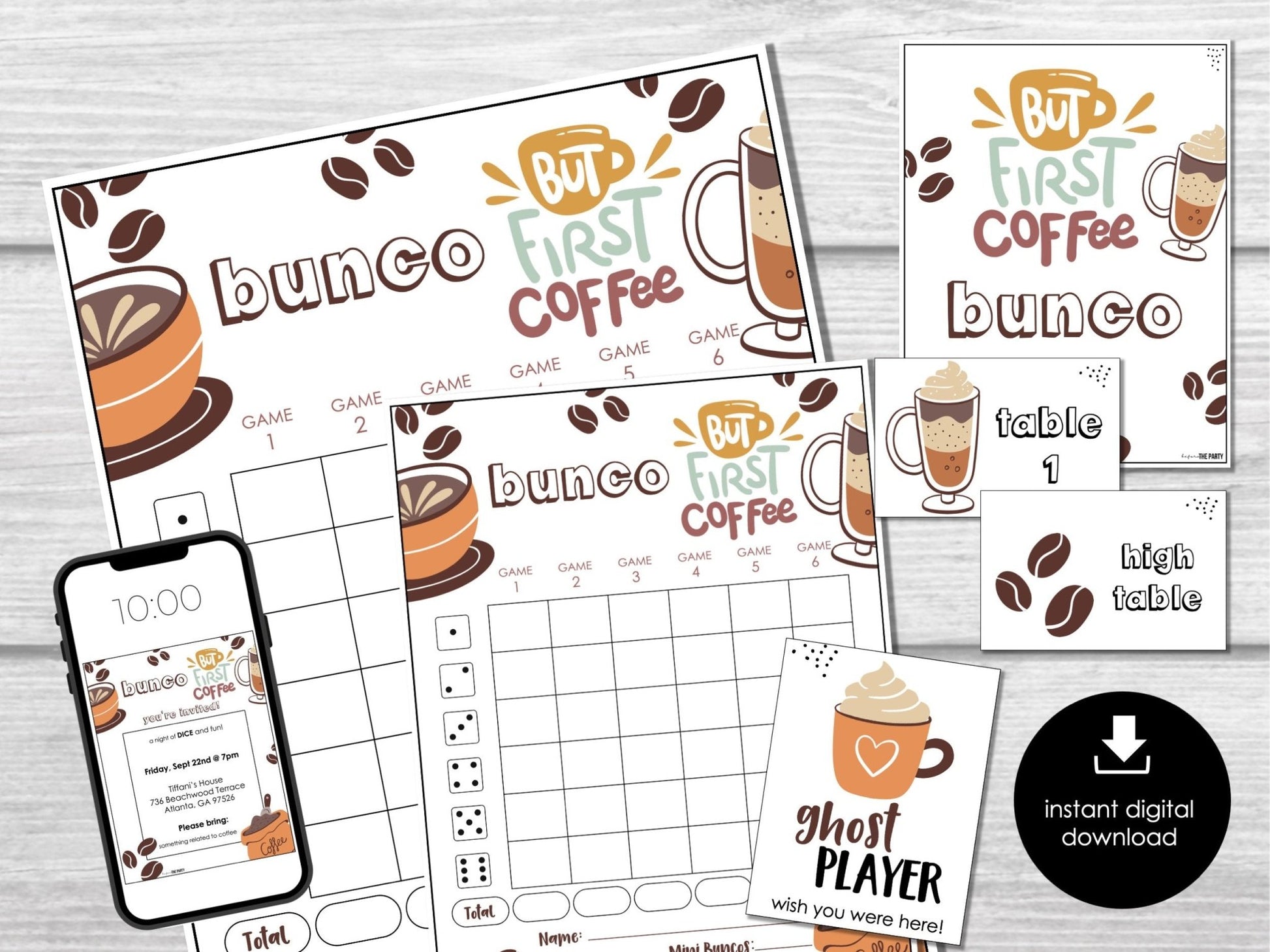 Coffee Lovers Bunco Score Sheets, Coffee Party Bunco, Bunco Score Cards, Bunco Table Cards, Cute Bunco Theme, Bunco Invitation Printable - Before The Party
