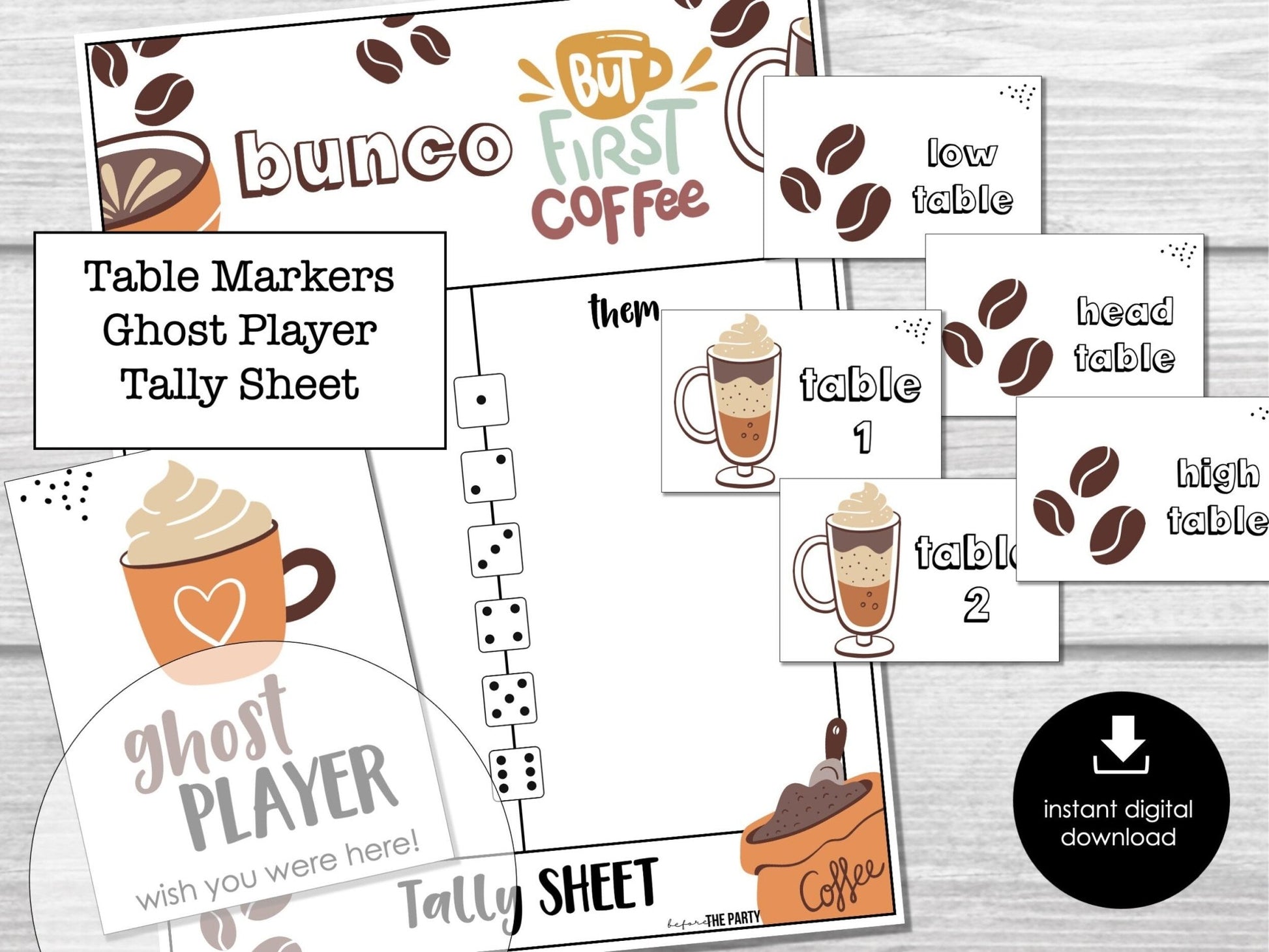 Coffee Lovers Bunco Score Sheets, Coffee Party Bunco, Bunco Score Cards, Bunco Table Cards, Cute Bunco Theme, Bunco Invitation Printable - Before The Party