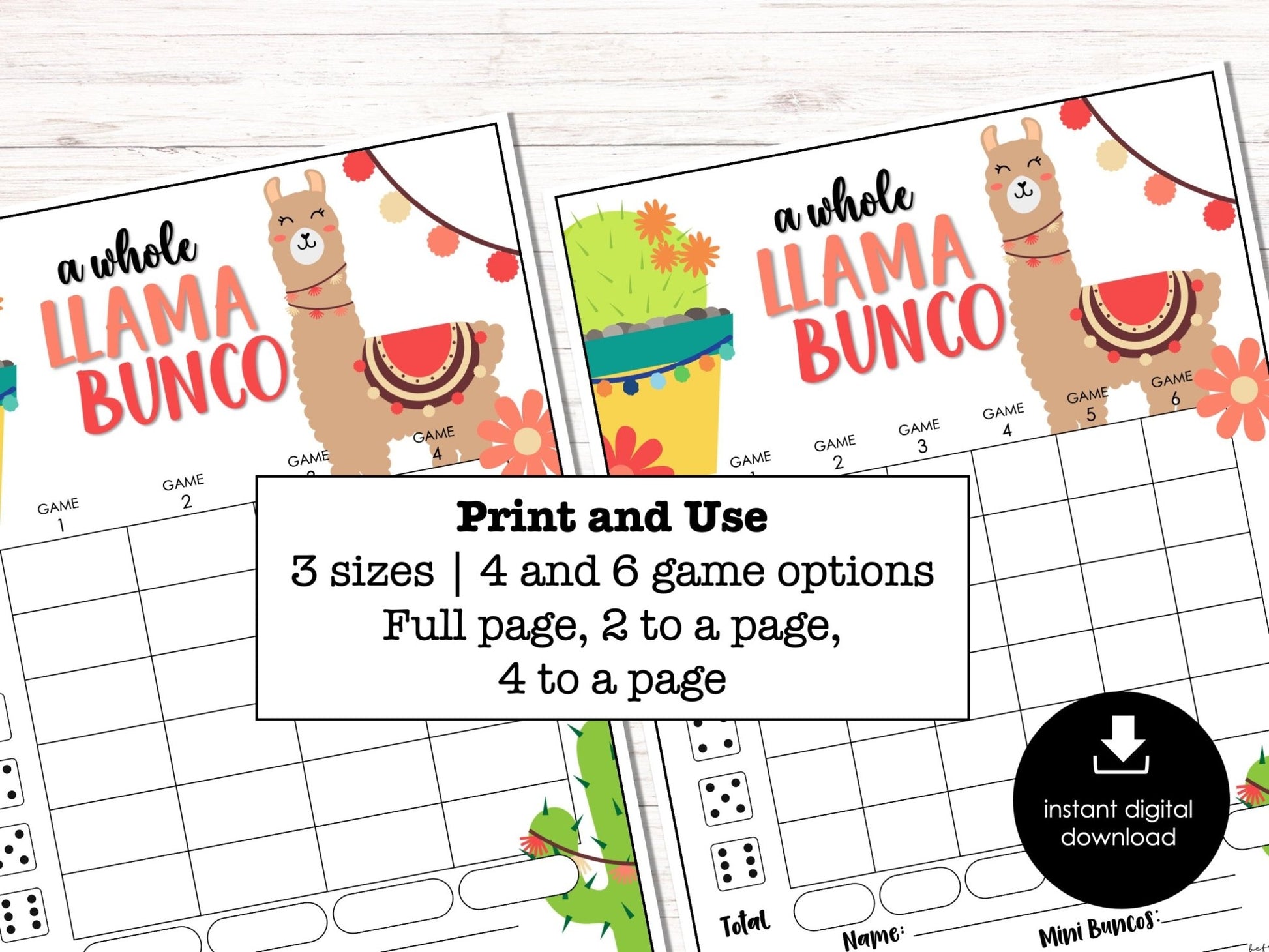 Cute Llama Bunco Score Sheets, Bunco Cards, Bunco Printable, Bunco Invitation