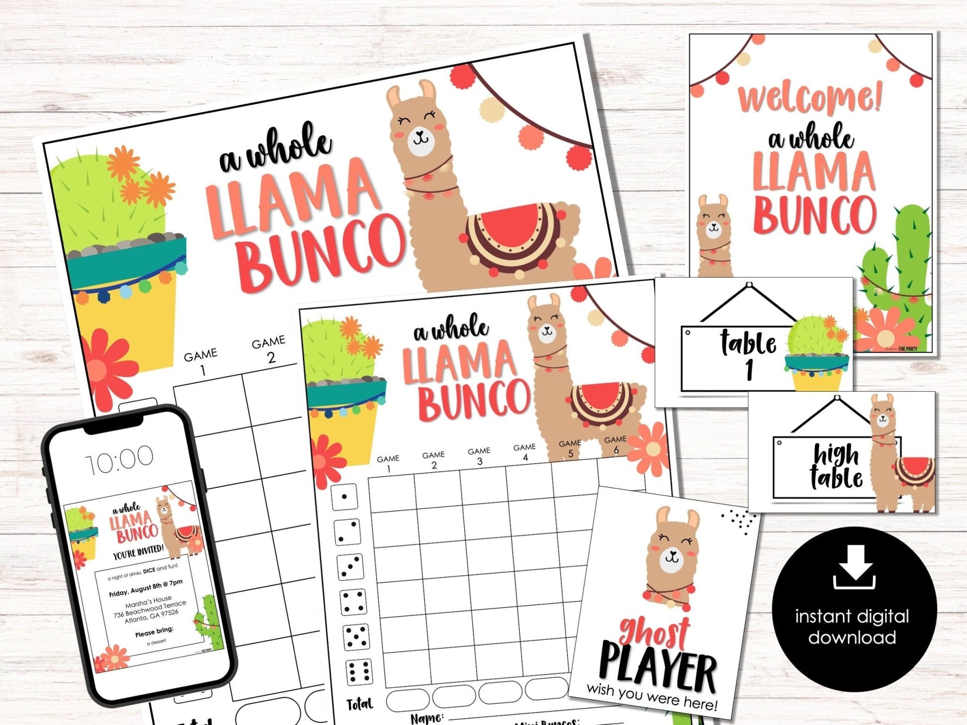 Cute Llama Bunco Score Sheets, Bunco Cards, Bunco Printable, Bunco Invitation