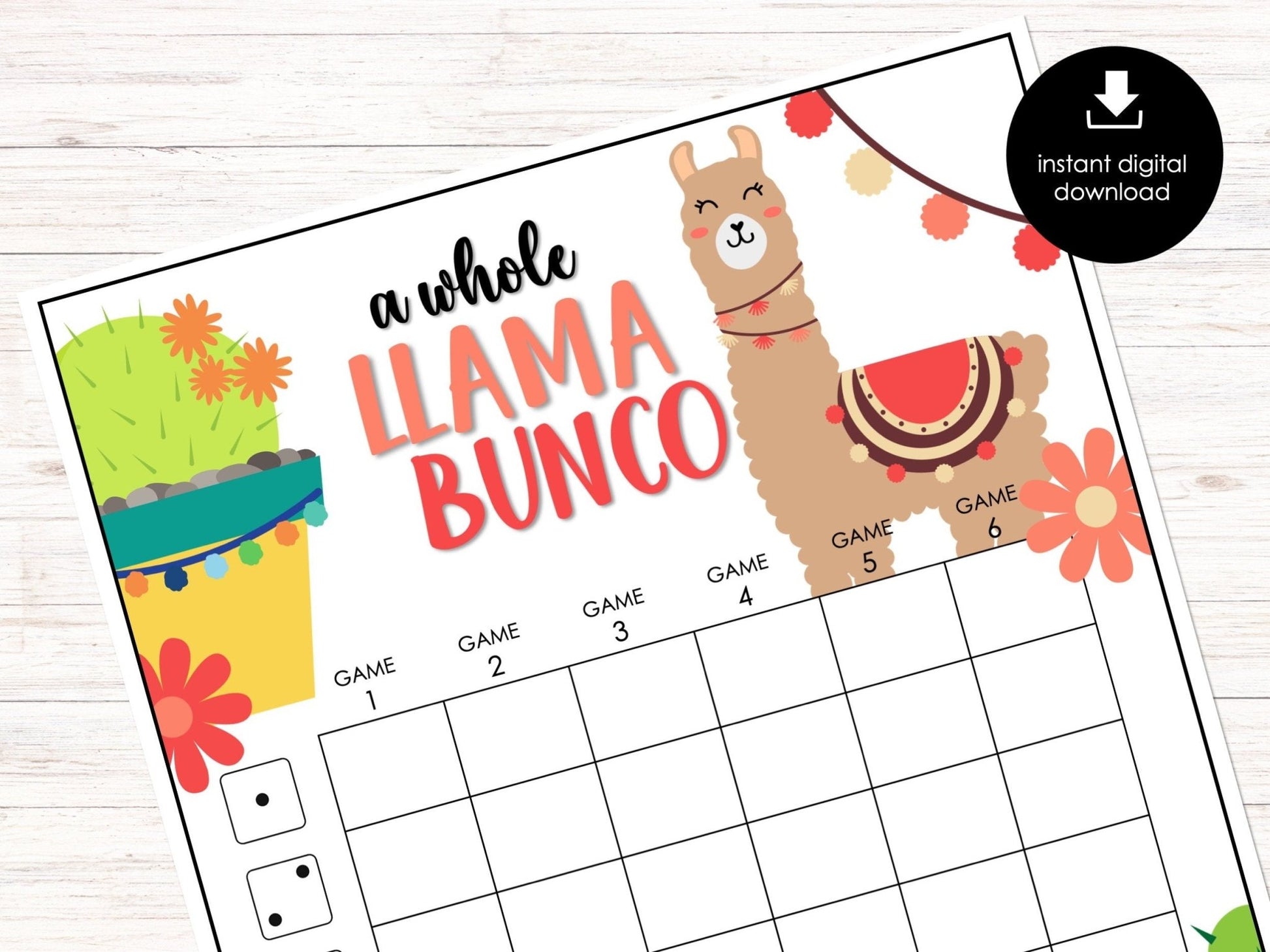 Cute Llama Bunco Score Sheets, Bunco Cards, Bunco Printable, Bunco Invitation