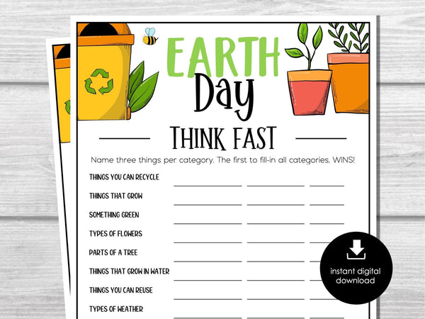 Earth Day THINK FAST Game, Printable Word Game, Earth Day Classroom Activity, Fun Earth Day Game, Vocabulary Activity for Kids Party - Before The Party