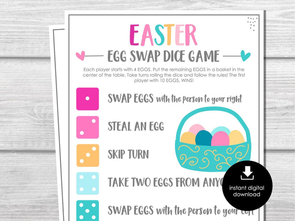 Easter Egg Exchange Dice Game, Printable Easter Games, Easter Group Party Games, Easter Party Game for Adults & Kids, Easter Egg Dice Game - Before The Party